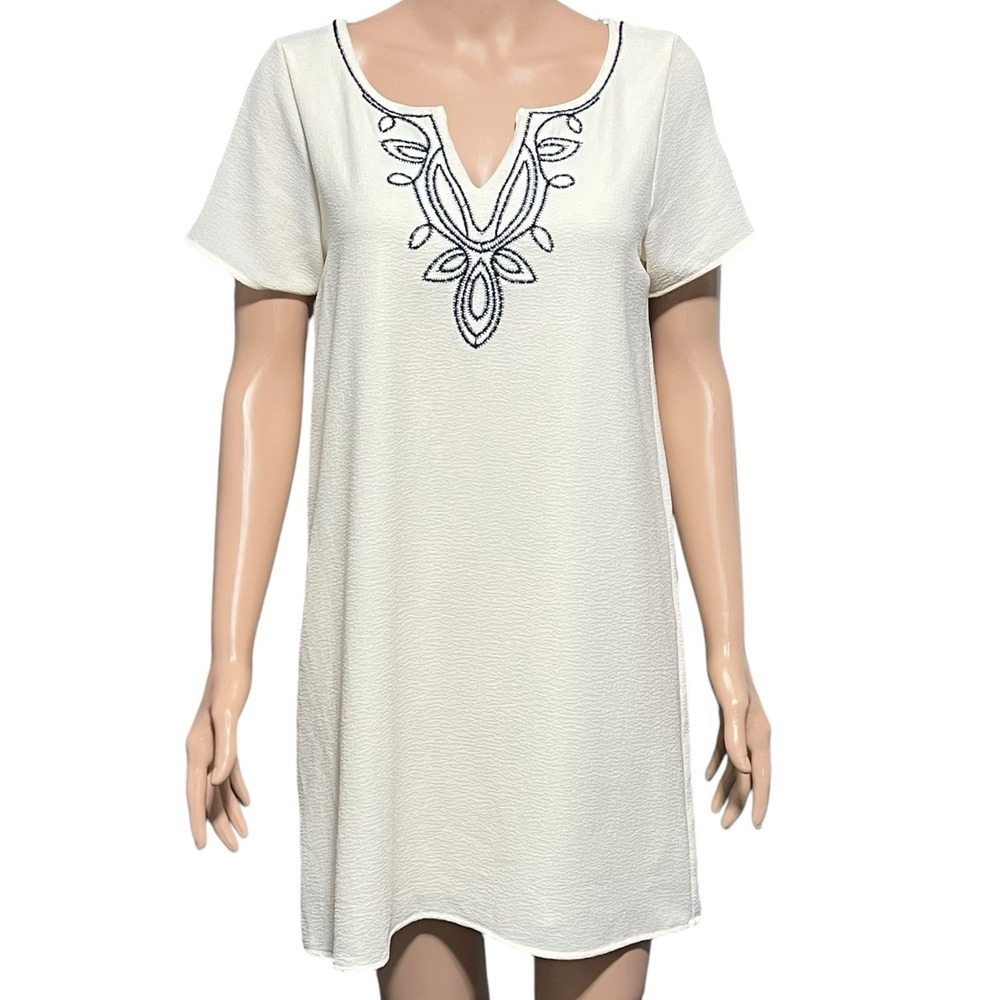 Sage Orange County Shift‎ Dress Ivory Embroidered V Neck Short Sleeve Medium